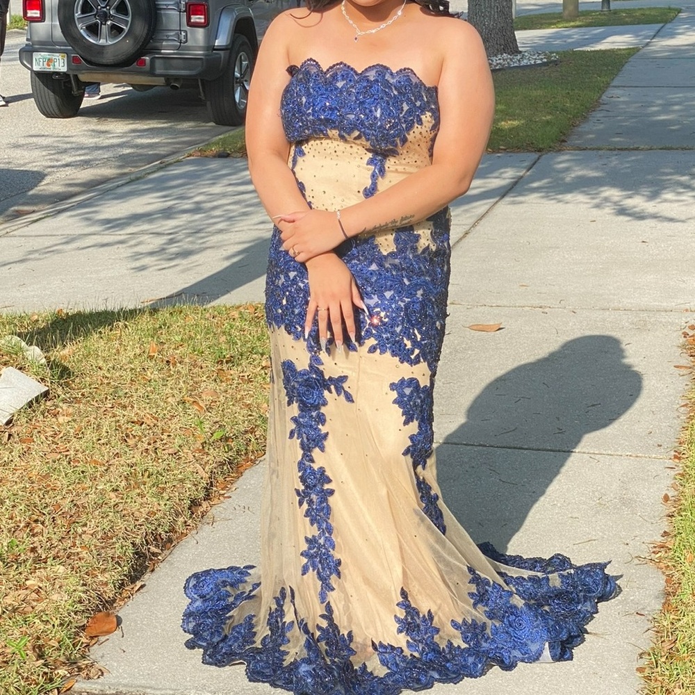 Blue and cream prom dress